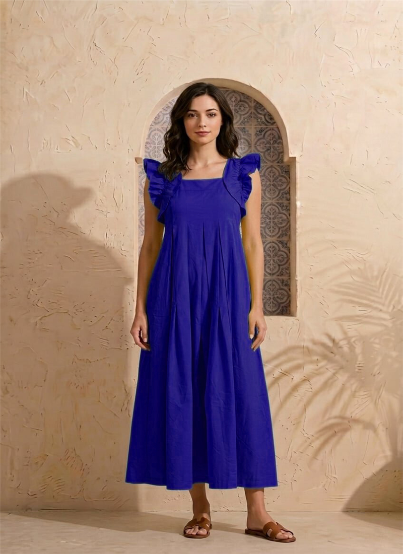Solid blue cotton tiered midi dress After Six Wear