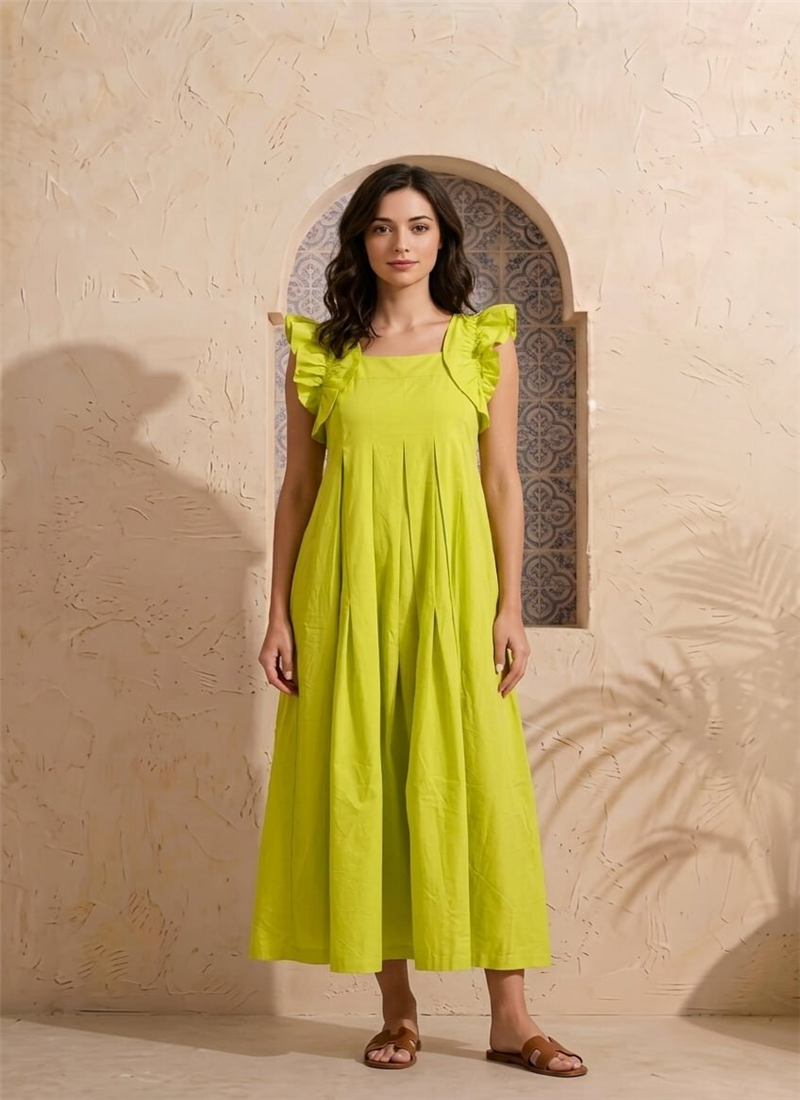 Solid green cotton tiered midi dress After Six Wear