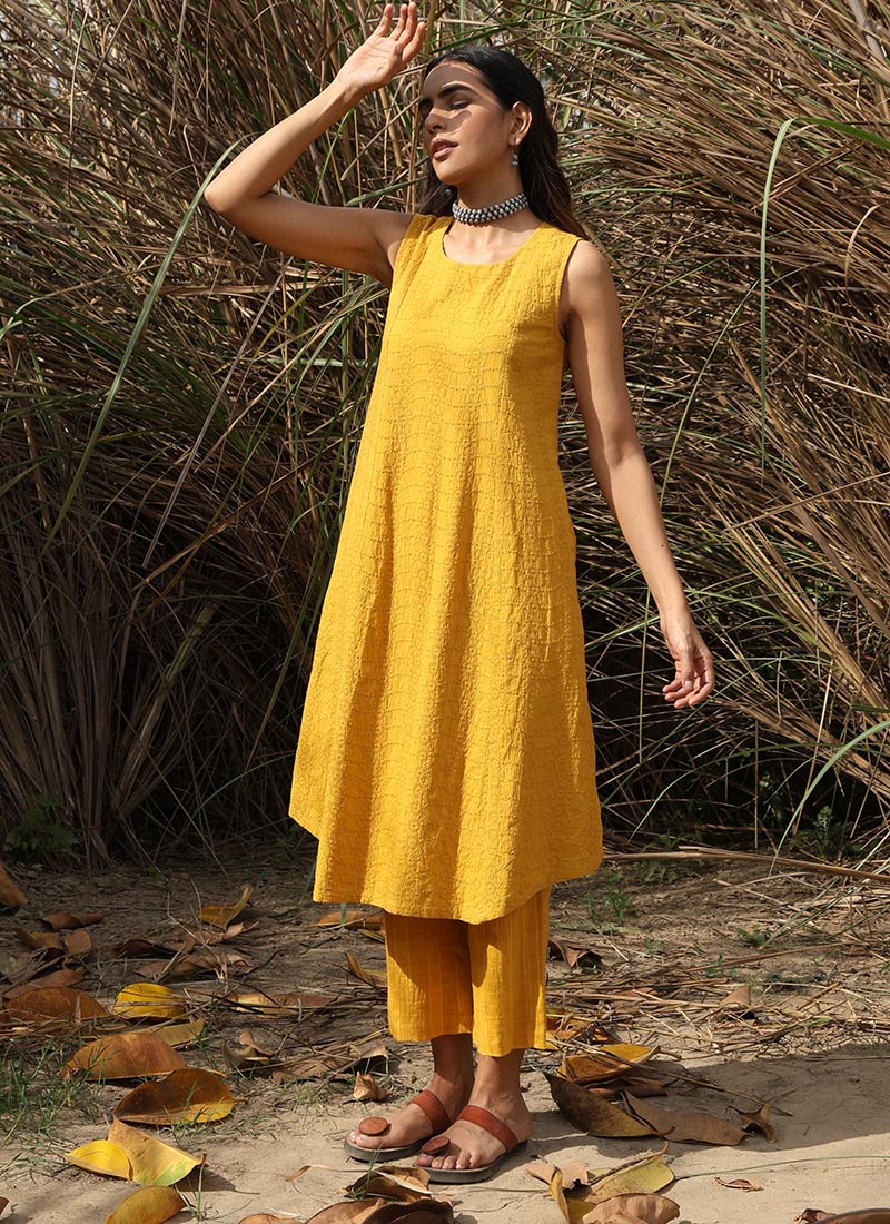 Mustard Ajrak Print Pathani Kurta with Straight Pant