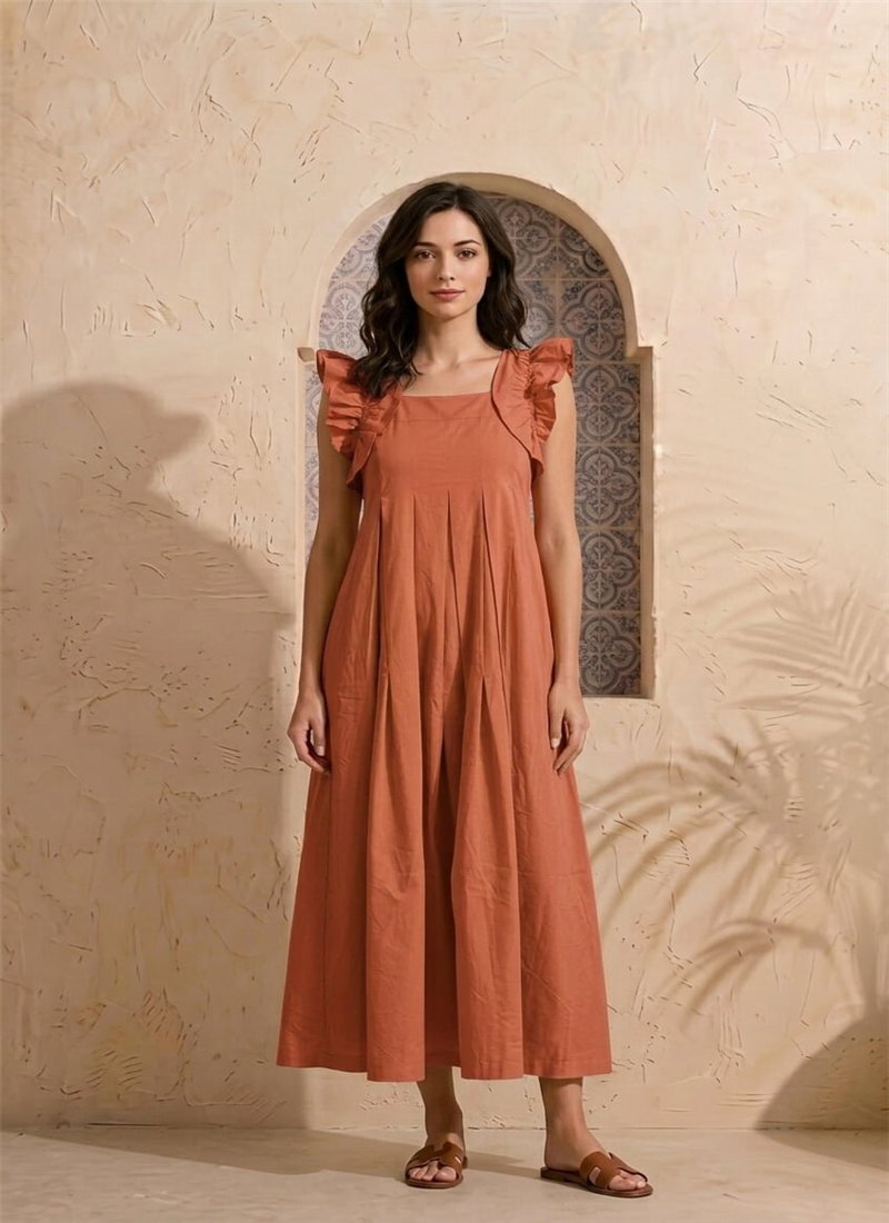 Solid Rust Cotton Tiered Midi Dress After Six Wear