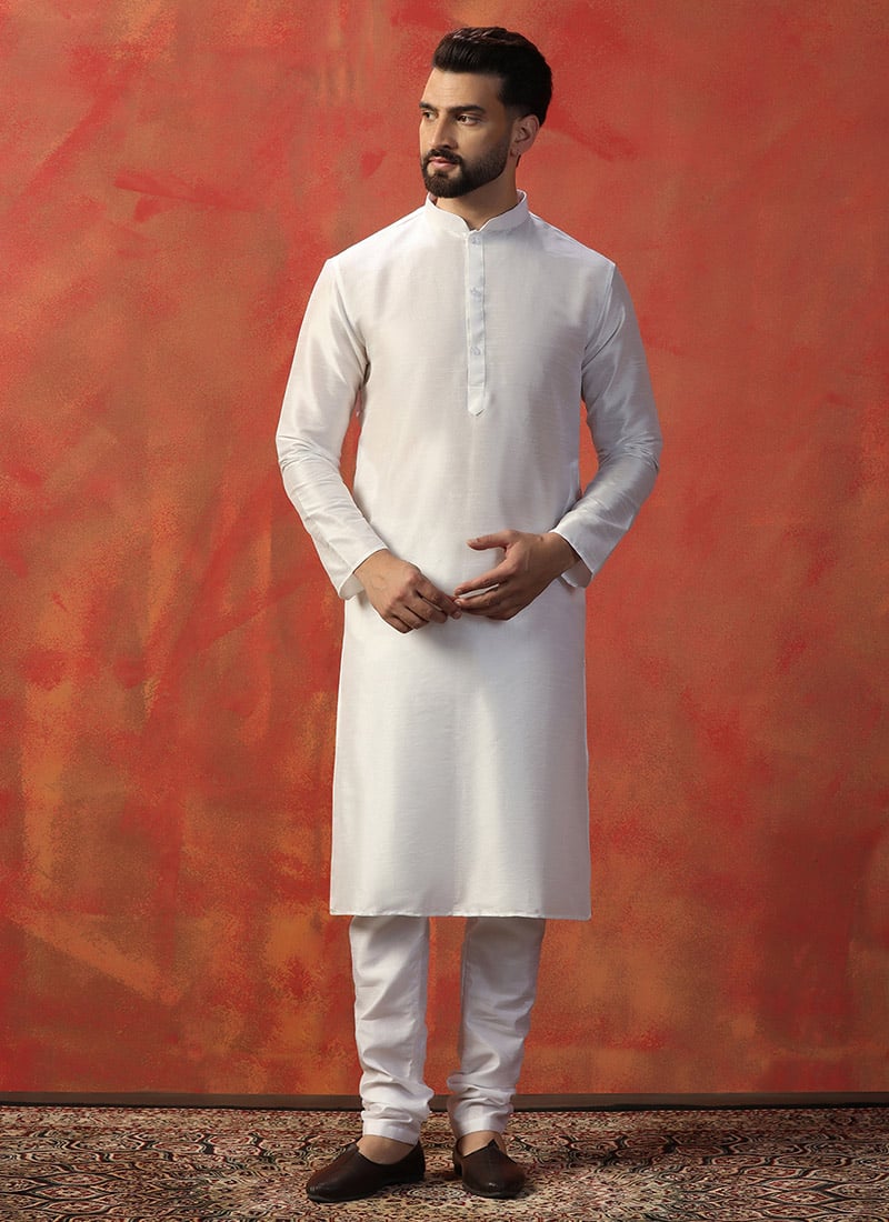 Solid White Dupion Kurta Pyjama For Men Festive Wear