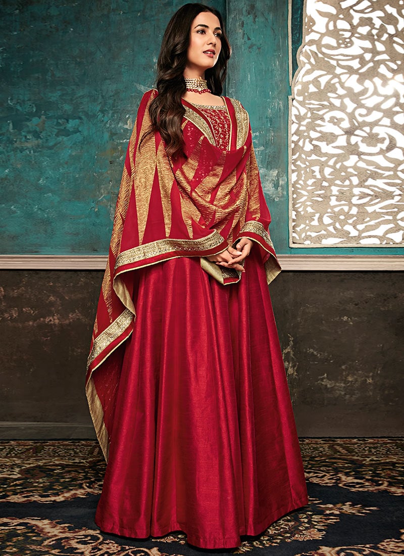 Sonal Chauhan Red Embroidered Anarkali Suit Party Wear-SLSCC7401rtw