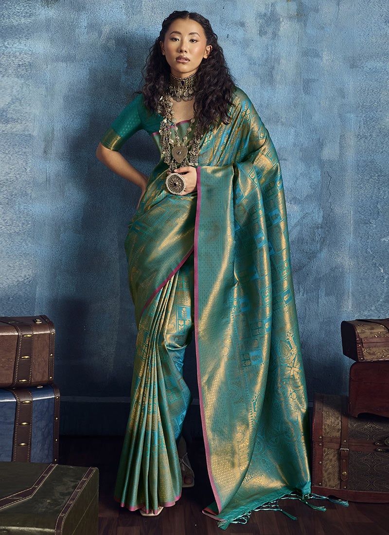 Sophisticated Aqua Blue Silk Handloom Zari Weaving Saree Festive Wear