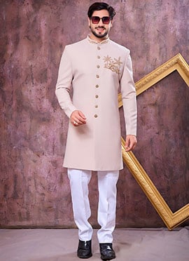 Sophisticated Beige Beads Stone Zardosi Hand Work Indowestern Sherwani