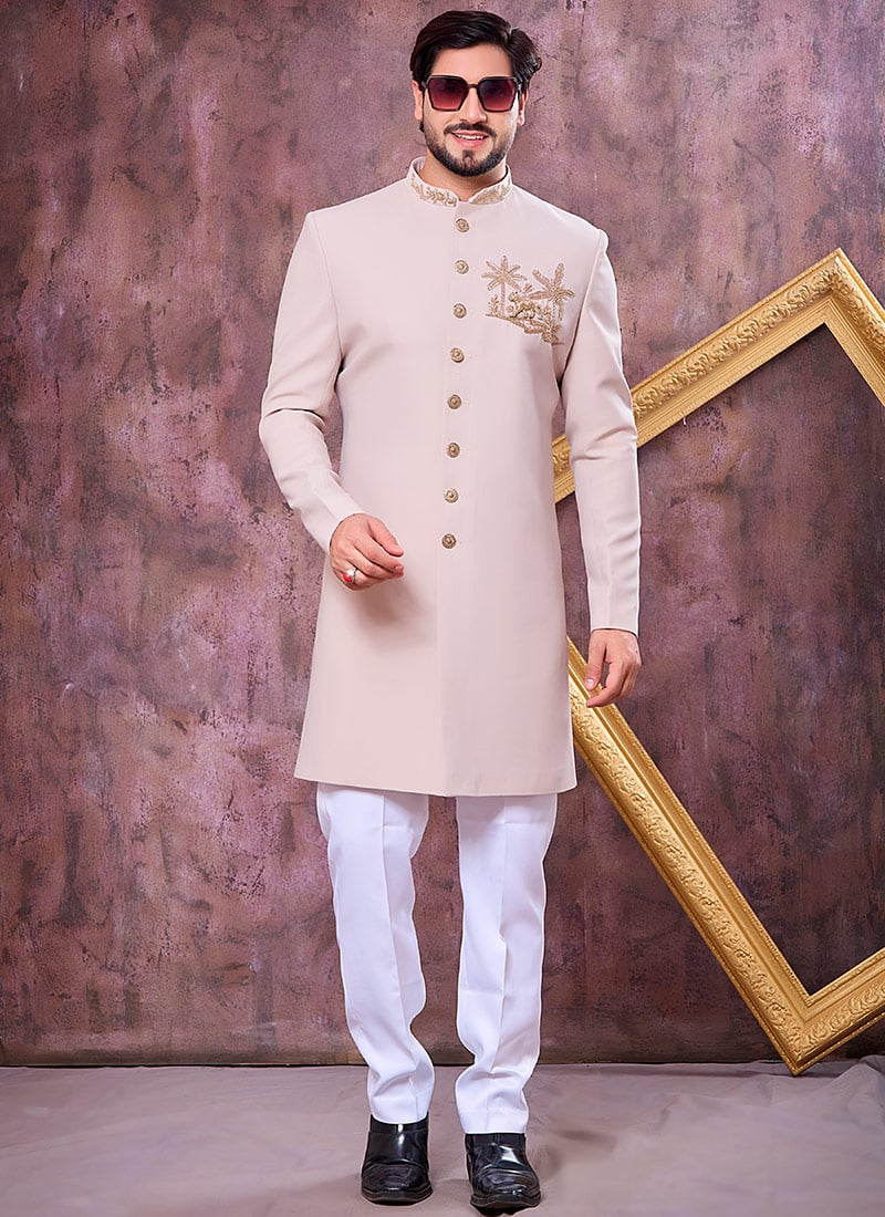 Sophisticated Beige Beads Stone Zardosi Hand Work Indowestern Sherwani Wedding Wear