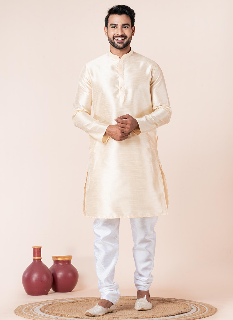 Sophisticated Beige Dupion Silk Plain Kurta Pyjama Festive Wear