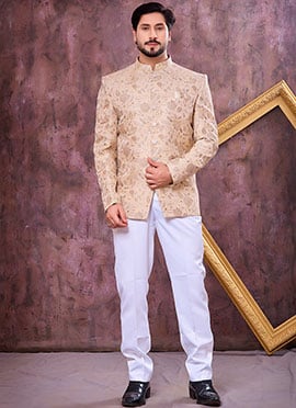 Sophisticated Beige Jacquard Silk Thread Embroidered Bandhgala Jacket