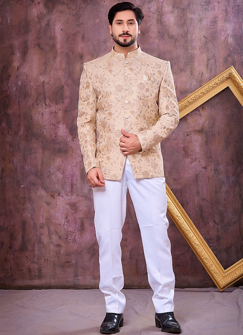 Sophisticated Beige Jacquard Silk Thread Embroidered Bandhgala Jacket