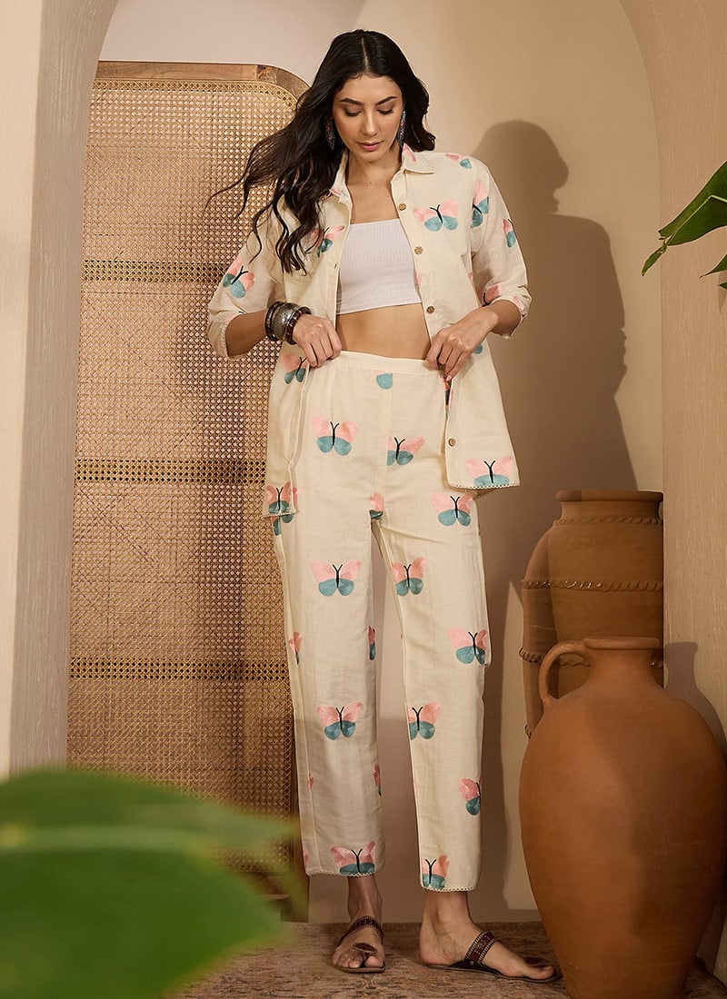 Sophisticated Beige Khadi Silk Embroidered Co Ord After Six Wear