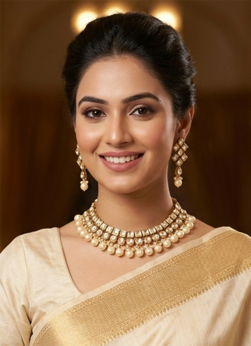 Sophisticated Beige Kundan Pearl Choker Wedding Wear