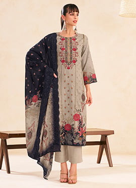 Sophisticated Beige Lawn Cotton Digital Print Straight Pant Suit