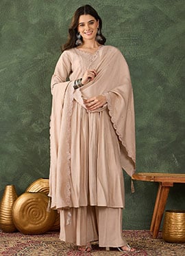 Sophisticated Beige Silk Embroidered Palazzo Suit