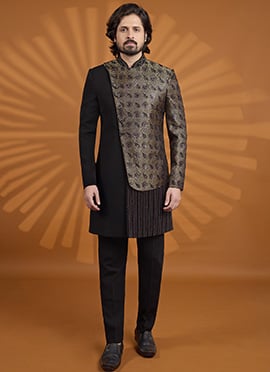 Sophisticated Black Banarasi Jacquard Embroidered Classic Sherwani