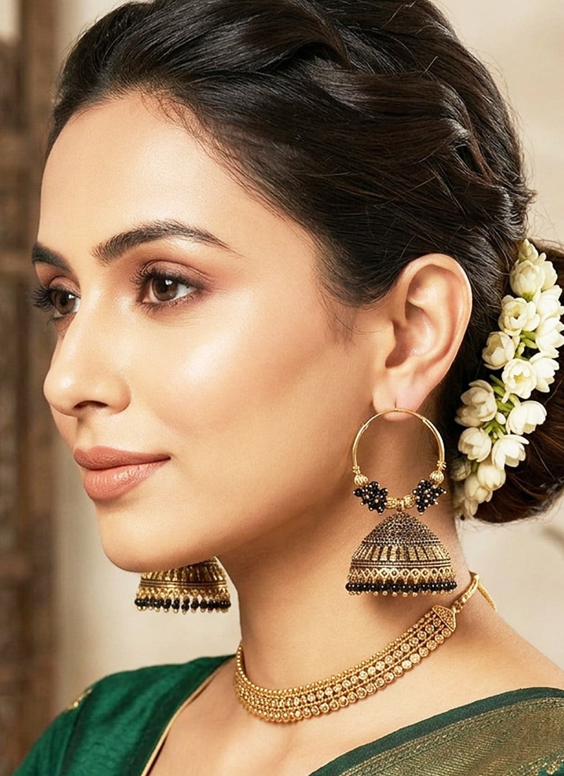 Sophisticated Black Beaded Jhumka