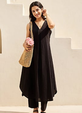 Sophisticated Black Cotton Kurta Straight Pant Set