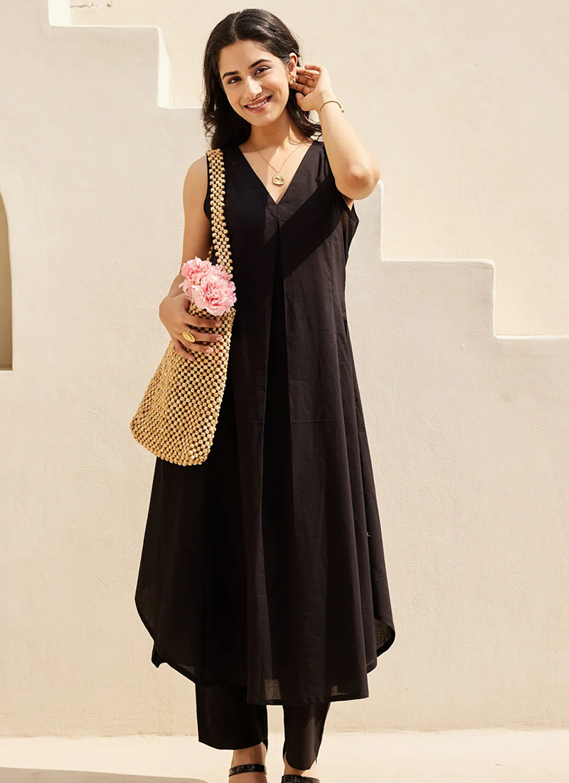 Sophisticated Black Cotton Kurta Straight Pant Set After Six Wear