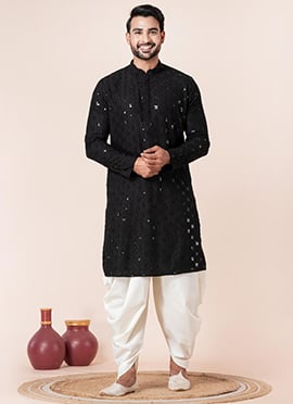Sophisticated Black Cotton Silk Embroidered Kurta Pyjama