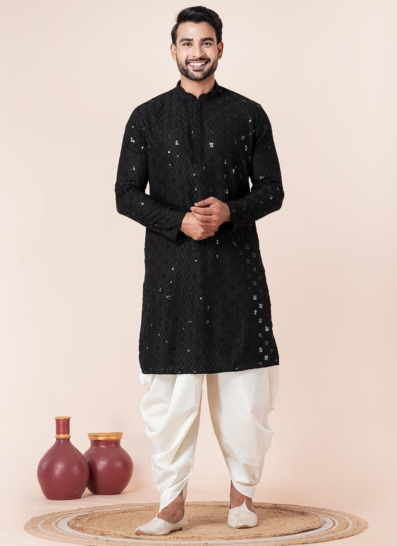 Sophisticated Black Cotton Silk Embroidered Kurta Pyjama Festive Wear