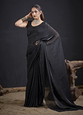 Sophisticated Black Fandy Satin Silk Two Tone Sequins Tikki Work Saree