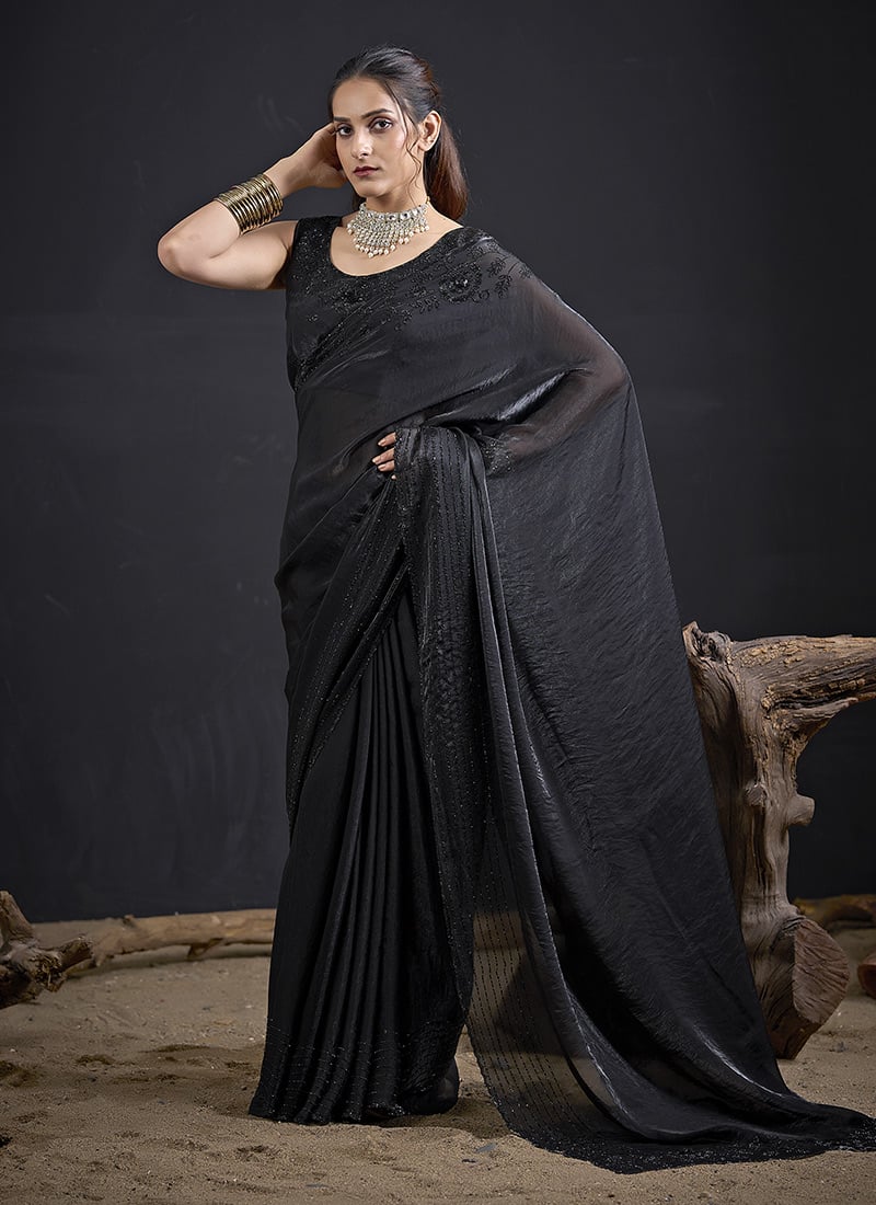 Sophisticated Black Fandy Satin Silk Two Tone Sequins Tikki Work Saree After Six Wear