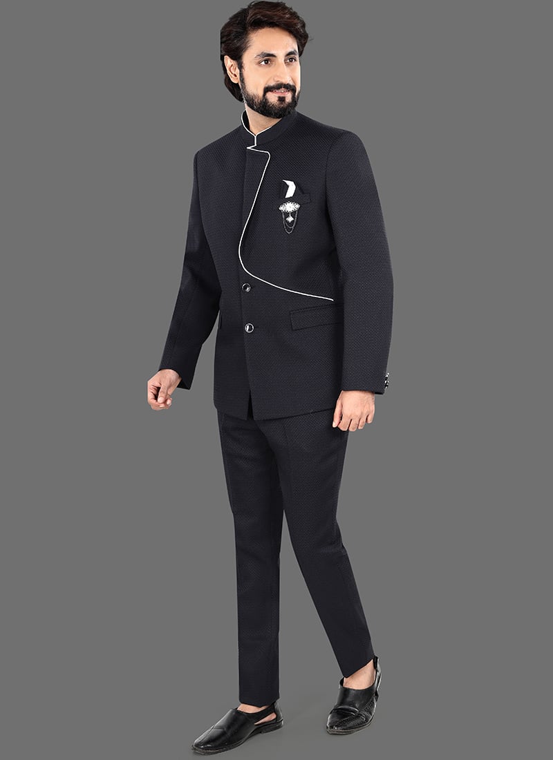 Sophisticated Black Terry Rayon Bandhgala Suit Wedding Wear