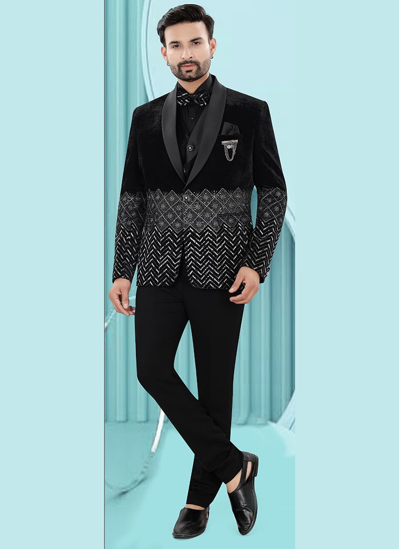 Sophisticated Black Velvet Embroidered Sequins Bandhgala Suit Wedding Wear