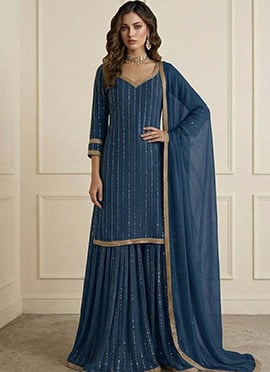 Sophisticated Blue Art Silk Embroidered Sharara Suit