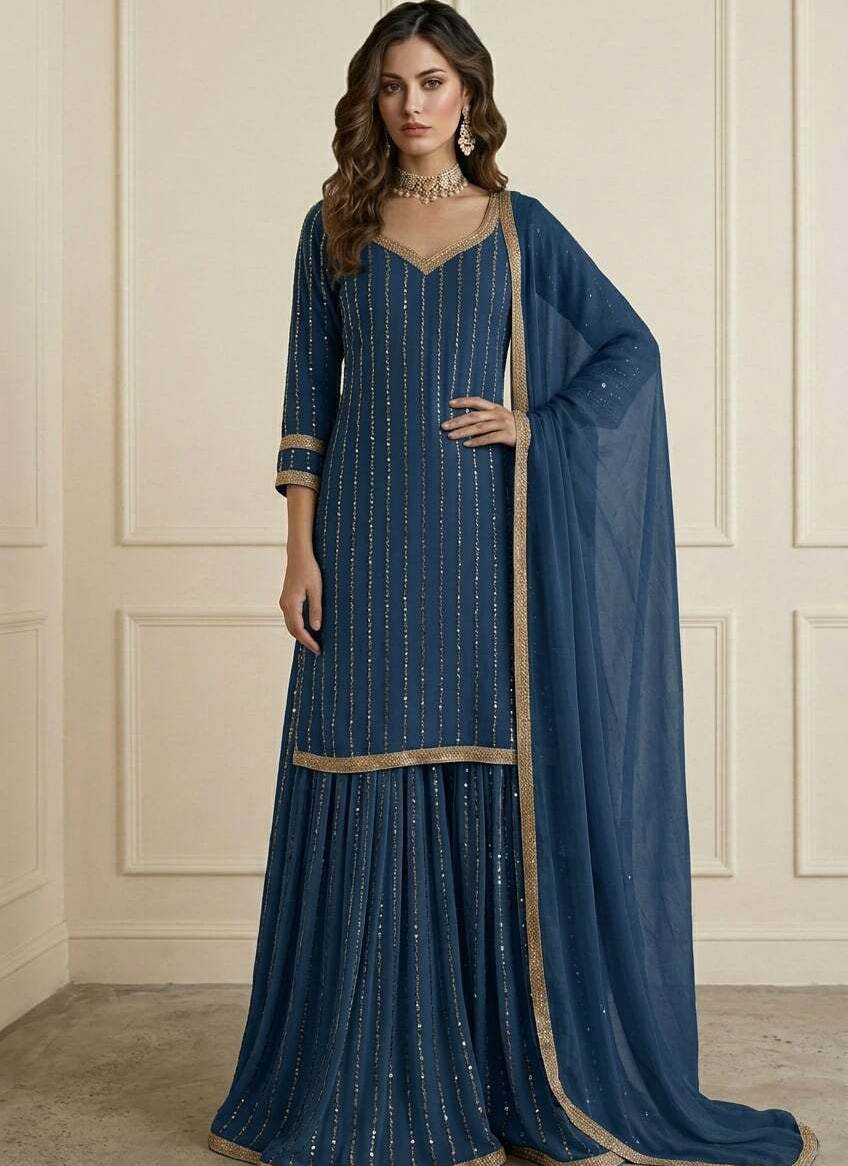 Sophisticated Blue Art Silk Embroidered Sharara Suit Festive Wear
