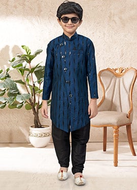 Sophisticated Blue Banarasi Silk Stone Work Kids Boys Indowestern Sherwani