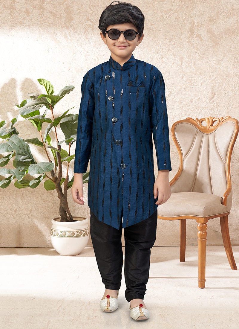 Sophisticated Blue Banarasi Silk Stone Work Kids Boys Indowestern Sherwani Wedding Wear