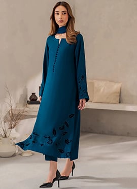 Sophisticated Blue Chanderi Silk Heavy Thread Embroidery Work Straight Pant Suit