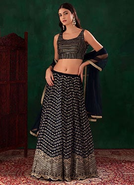 Sophisticated Blue Georgette Zari and Sequins Embroidered Umbrella Lehenga