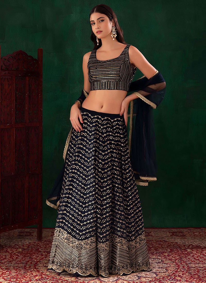 Sophisticated Blue Georgette Zari and Sequins Embroidered Umbrella Lehenga After Six Wear
