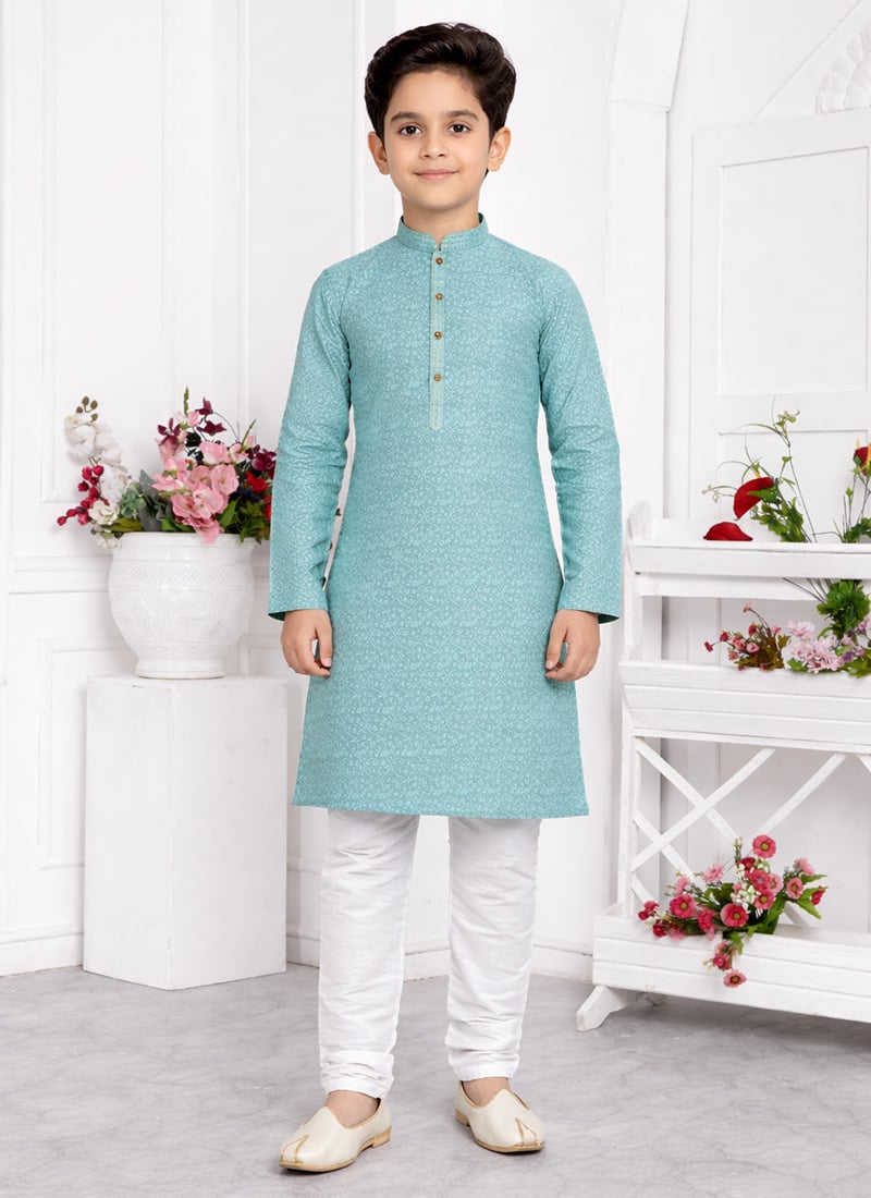 Sophisticated Blue Jacquard Silk Brocade Kids Boys Kurta Pyjama Festive Wear
