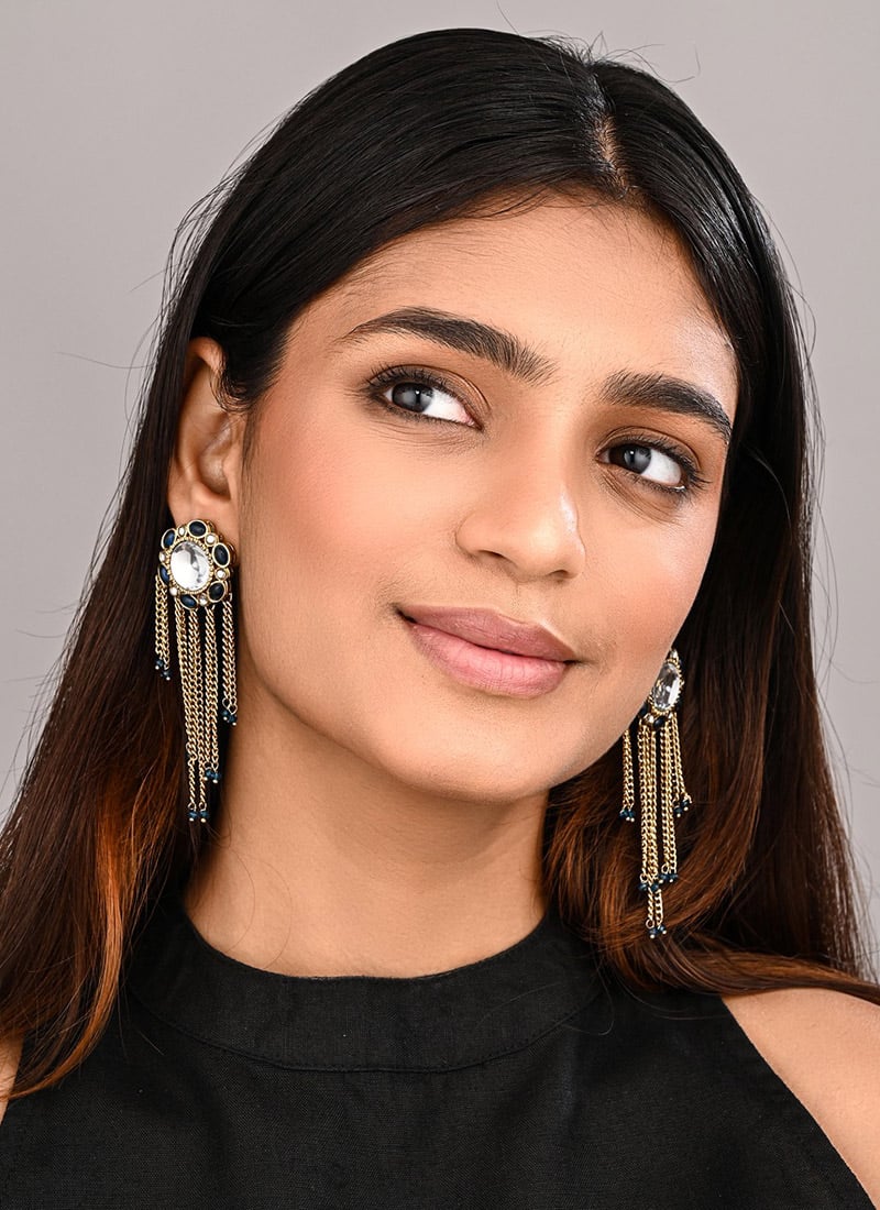 Sophisticated Blue Pearl Stone Kundan Drops After Six Wear
