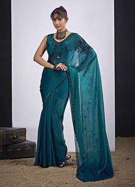 Sophisticated Blue Silk Tikki Work Saree