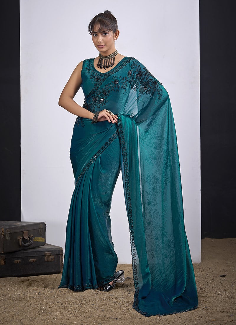 Sophisticated Blue Silk Tikki Work Saree After Six Wear