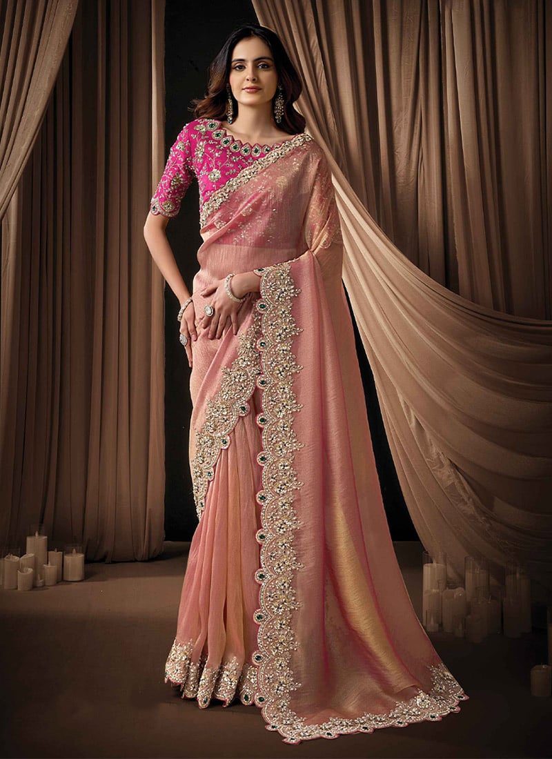 Sophisticated Blush Pink Zari Organza Satin Sequins Beads Hand Embroidered Stones Saree Wedding Wear