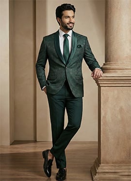 Sophisticated Bottle Green Satin Jacquard Blazer