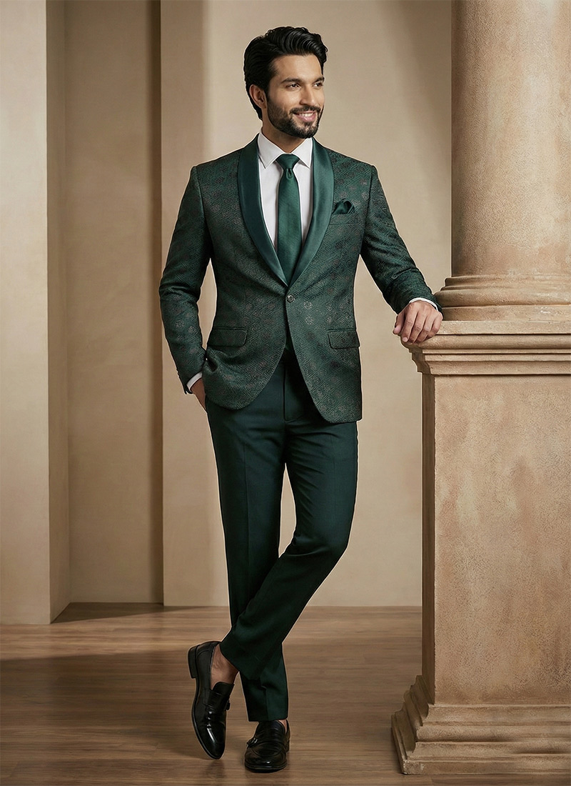 Sophisticated Bottle Green Satin Jacquard Blazer