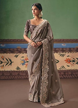 Sophisticated Brown Art Silk Embroidered Sequins Stones Beads Saree