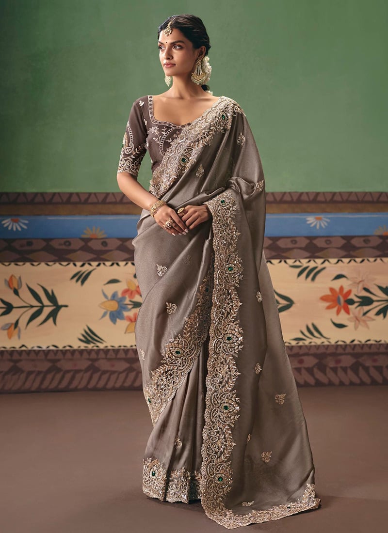 Sophisticated Brown Art Silk Embroidered Sequins Stones Beads Saree Wedding Wear