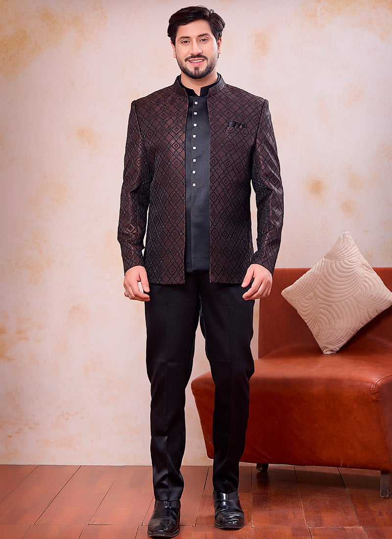 Sophisticated Brown Jacquard Silk Bandhgala Jacket