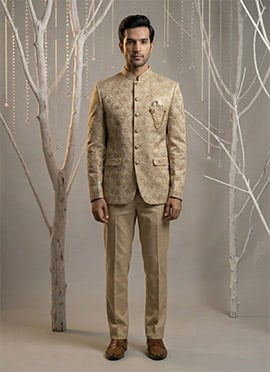 Sophisticated Brown Silk Embroidered Thread Bandhgala Suit