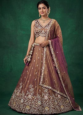 Sophisticated Copper Brown Tissue Embroidered Umbrella Lehenga