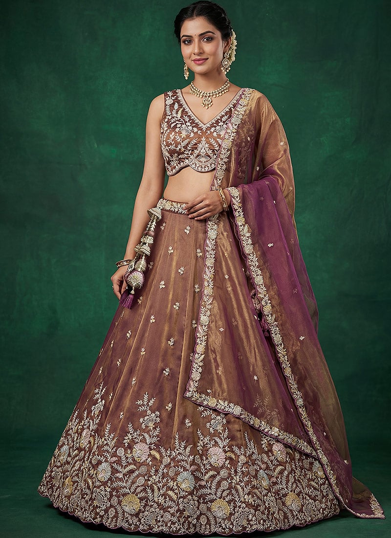 Sophisticated Copper Brown Tissue Embroidered Umbrella Lehenga Wedding Wear