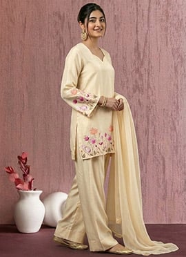 Sophisticated Cream Art Silk Resham Embroidered Salwar Suit