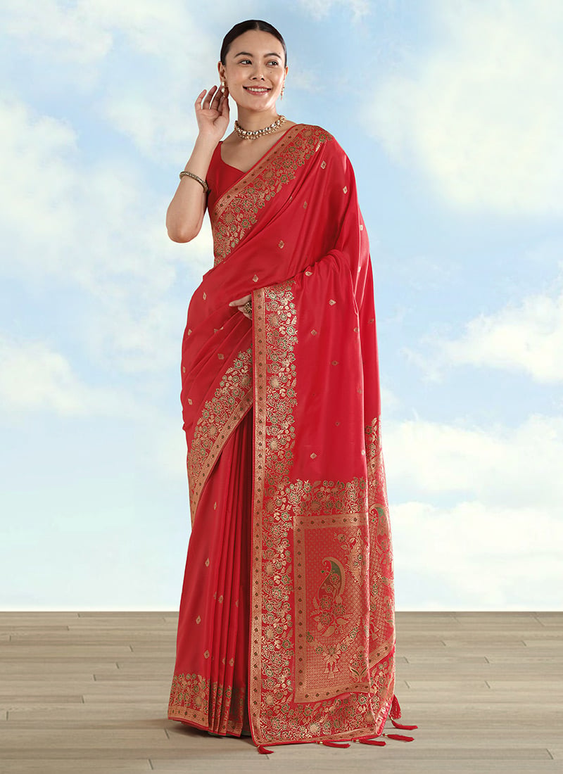 Sophisticated Cream Banarasi Satin Silk Zari Woven Saree Festive Wear