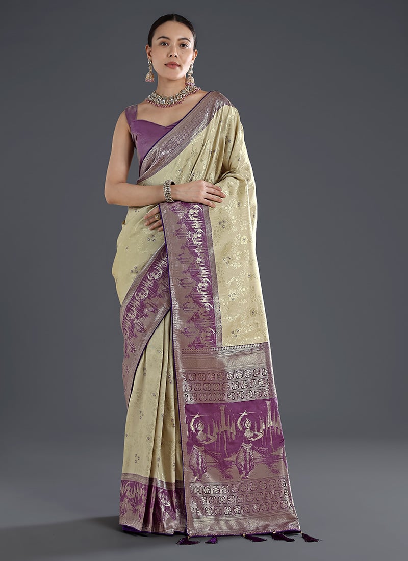 Sophisticated Cream Banarasi Silk Zari Woven Saree Festive Wear