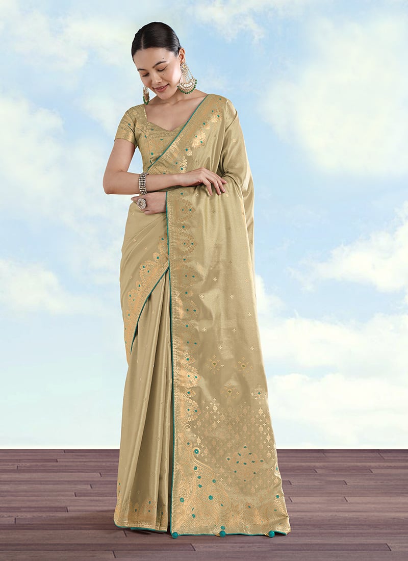 Sophisticated Cream Banarasi Tissue Silk Woven Saree Festive Wear